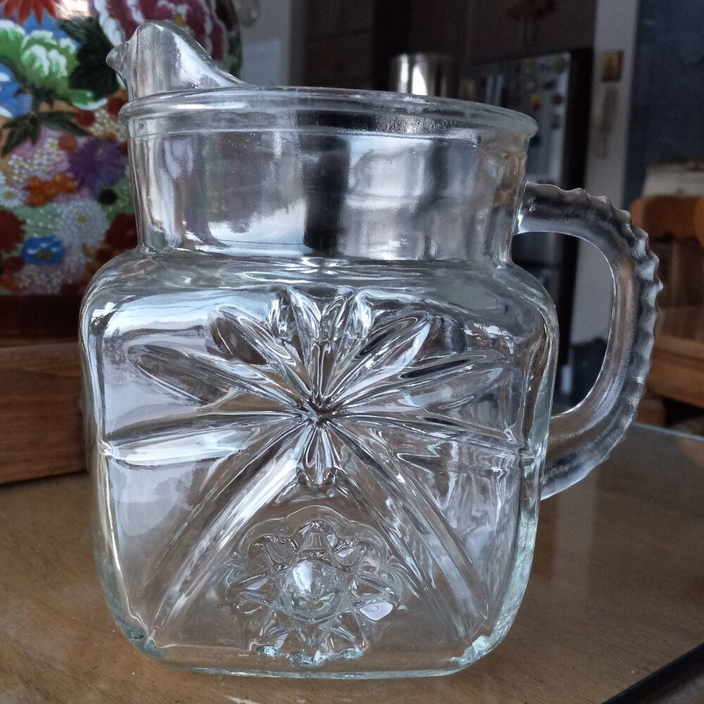 Vintage Anchor Hocking Clear Starburst Pattern Square Pitcher